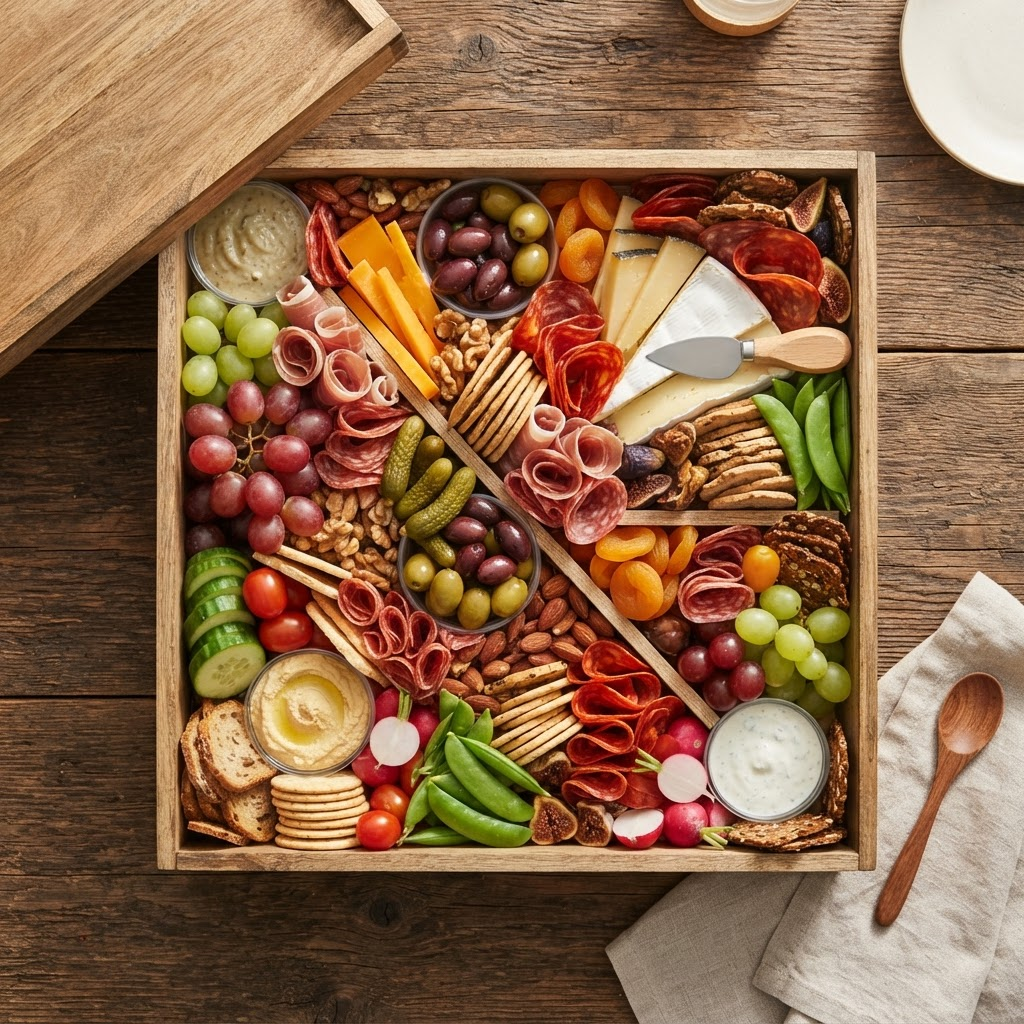 Box przekąsek cateringowych WIDZIMISIĘ — wędliny, sery, oliwki i warzywa